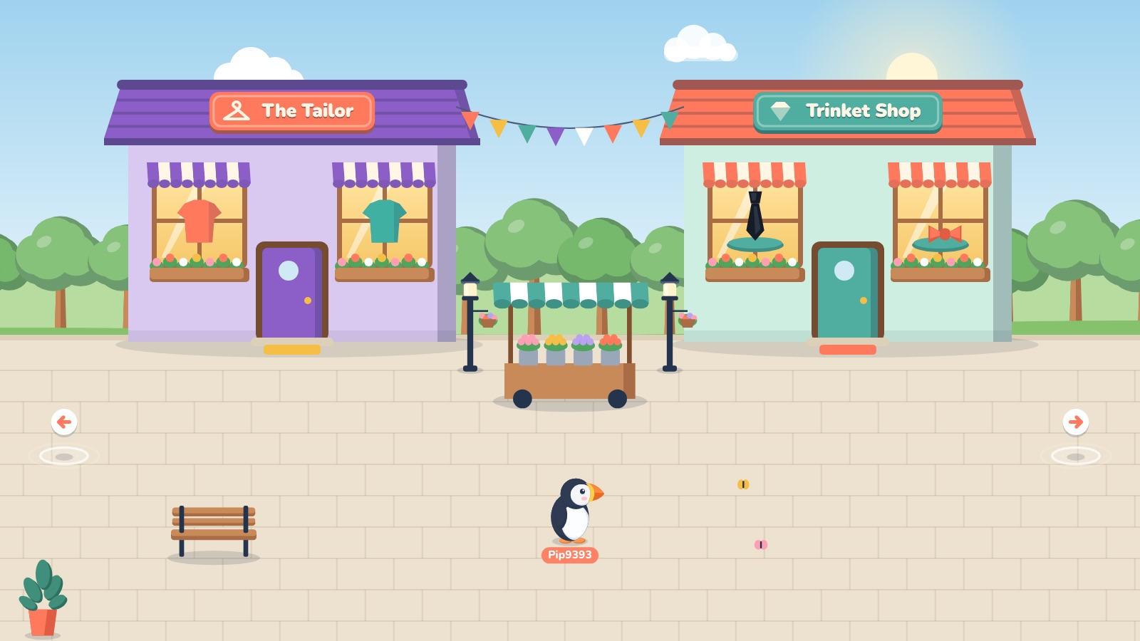 A puffin on Market Street, between the Tailor and the Trinket Shop, with a flower stall in the middle