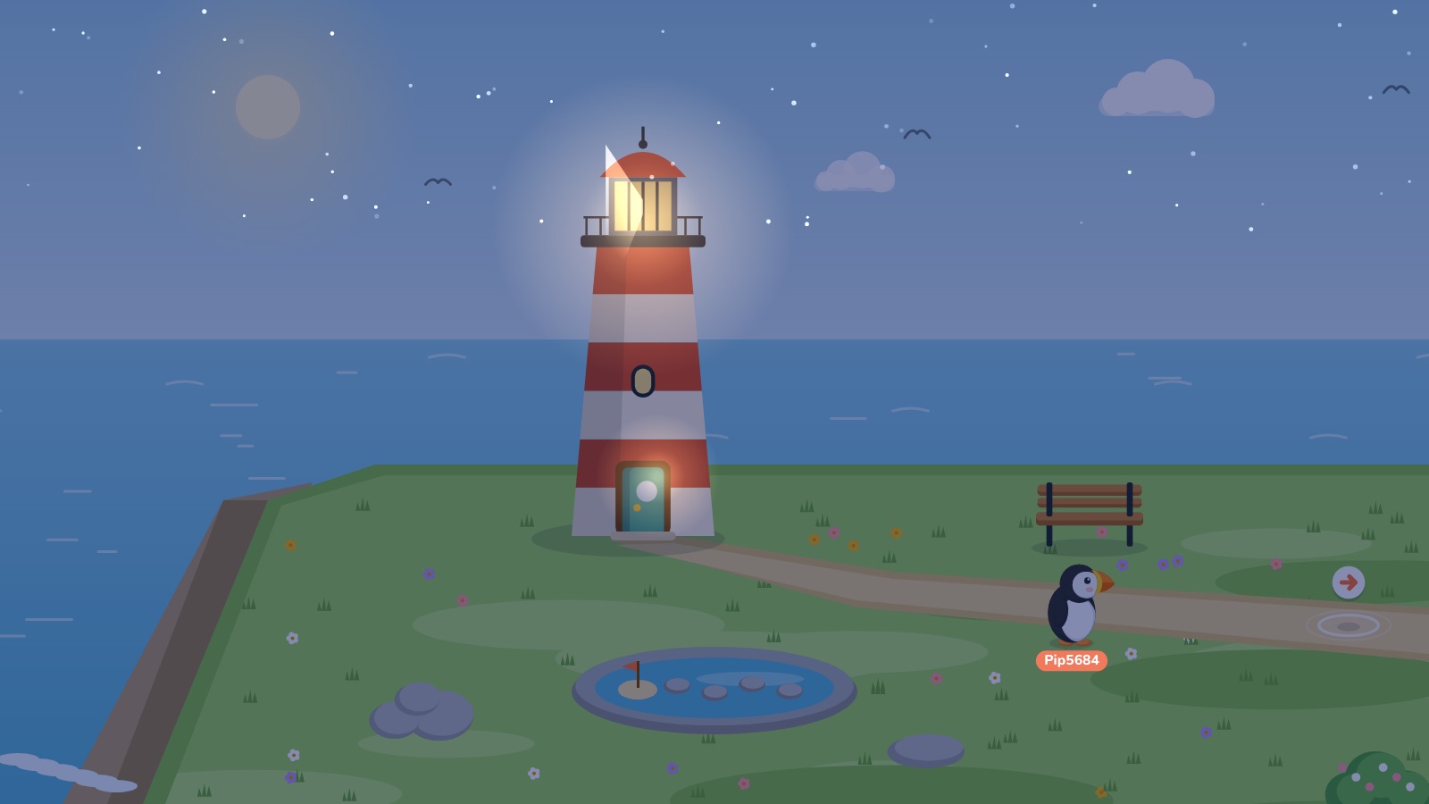 The lighthouse at night, its lamp lit, with stars over the sea