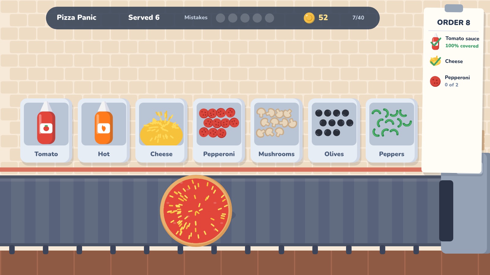 Pizza Panic: bins of sauce, cheese and toppings above a conveyor belt, and the order ticket