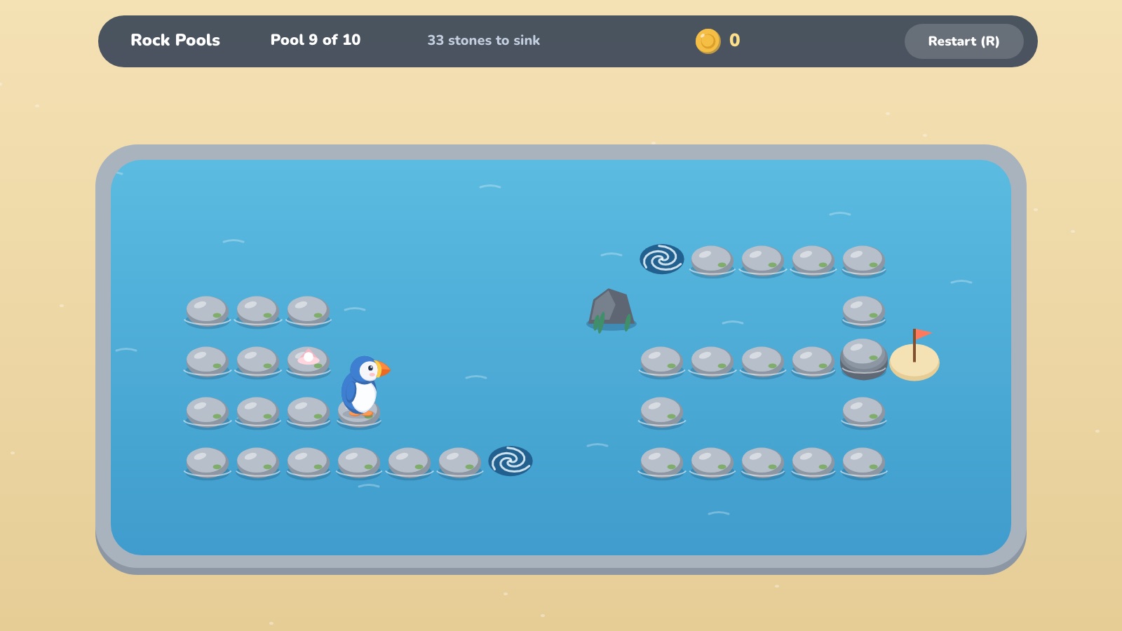 Rock Pools: a puffin hopping across stepping stones in a pool, with whirlpools and a flag on the sand